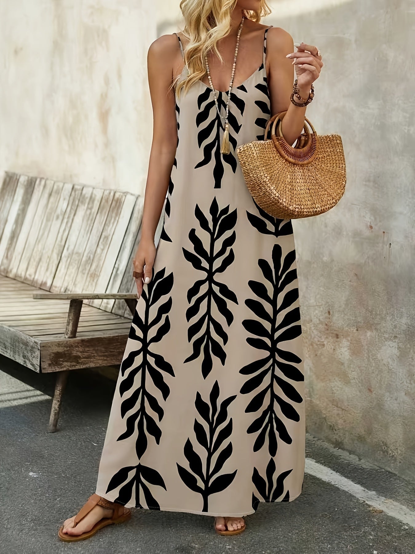 Robe maxi bohème femme avec motif de feuilles botaniques et bretelles spaghetti – robe d'été décontractée