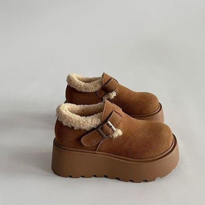Damen Plateauschuhe Chunky mit Schnalle und Teddyfutter Braun