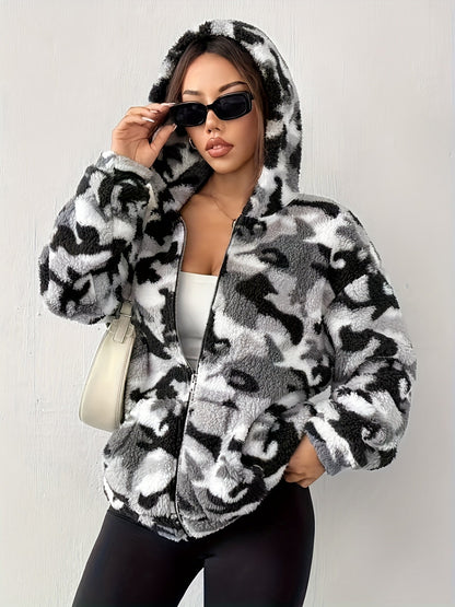 Teddy-Fleece Jacke mit Kapuze und Reißverschluss, Tarnmuster für Damen