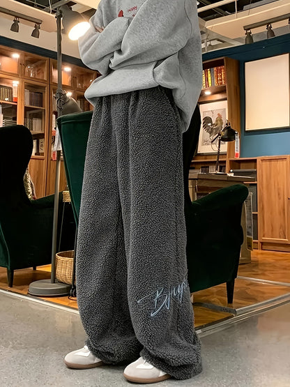 Weite Teddyfleece Hose für Damen, Plüschhose mit Stickerei, lockerer Schnitt