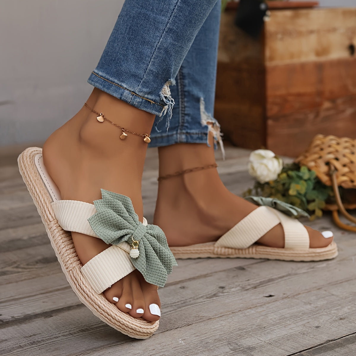 Ciabatte estive vintage da donna con grande fiocco e suola piatta – Comode sandali casual