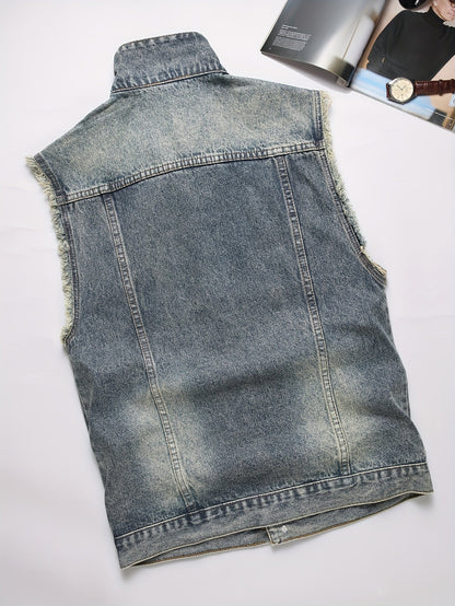 Gilet di jeans da uomo blu senza maniche effetto distressed