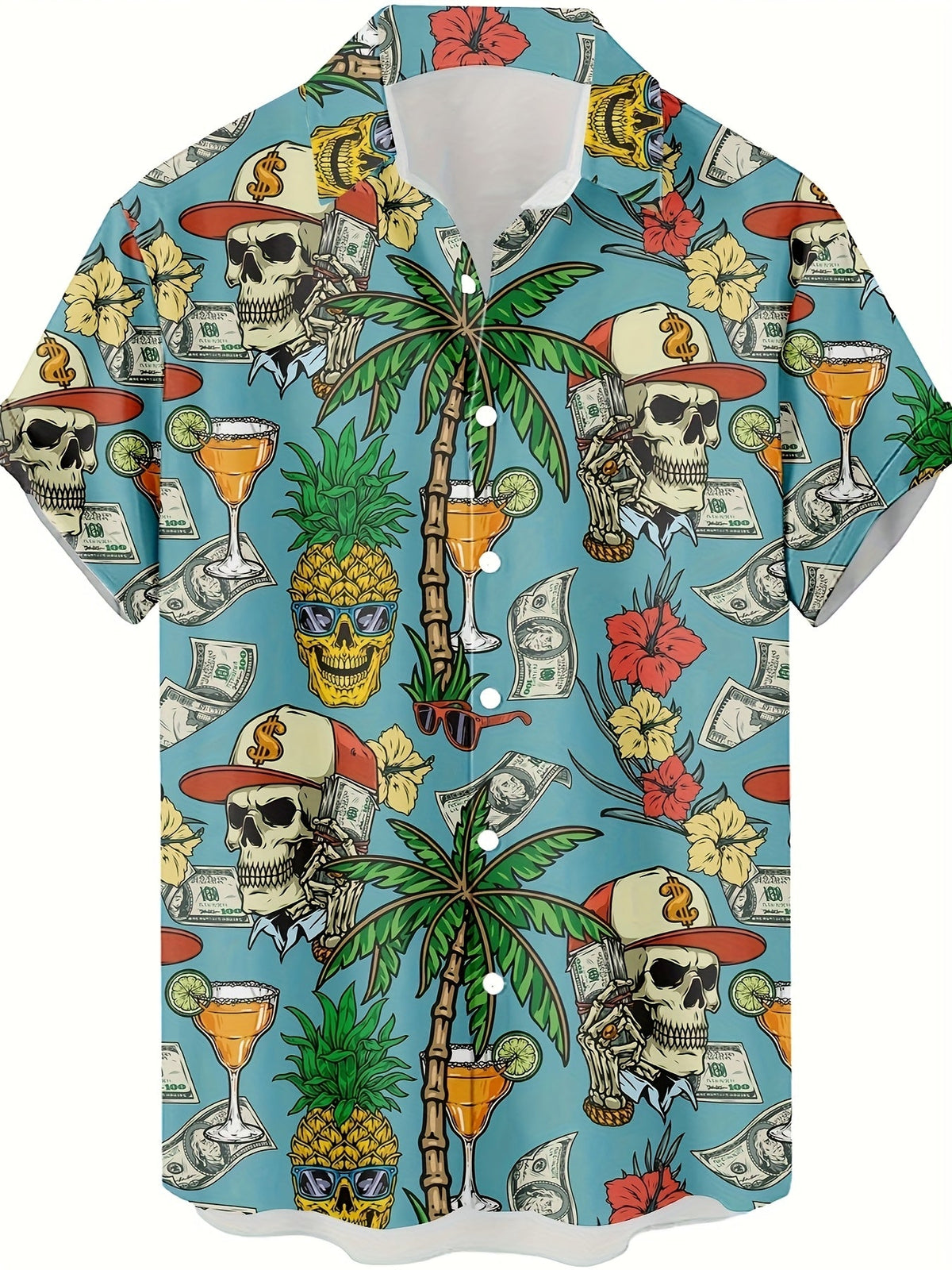 Herren Hawaiihemd mit Totenkopf, Palmen & Geld Print – Extravaganter Sommer- und Party-Look