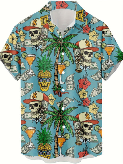 Herren Hawaiihemd mit Totenkopf, Palmen & Geld Print – Extravaganter Sommer- und Party-Look