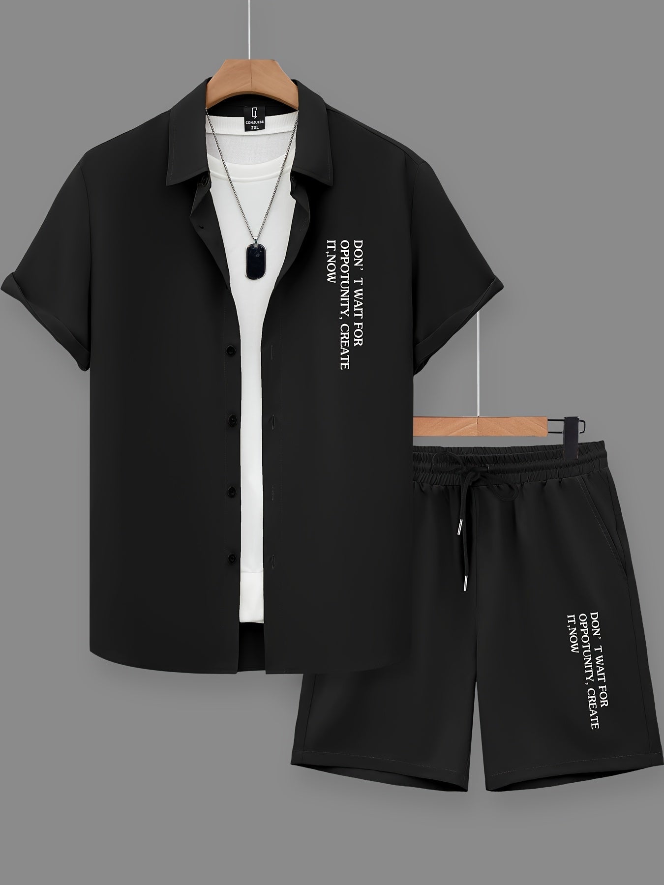 Set estivo casual uomo con stampa statement – Camicia a maniche corte & pantaloncini, streetwear urbano, outfit da tempo libero