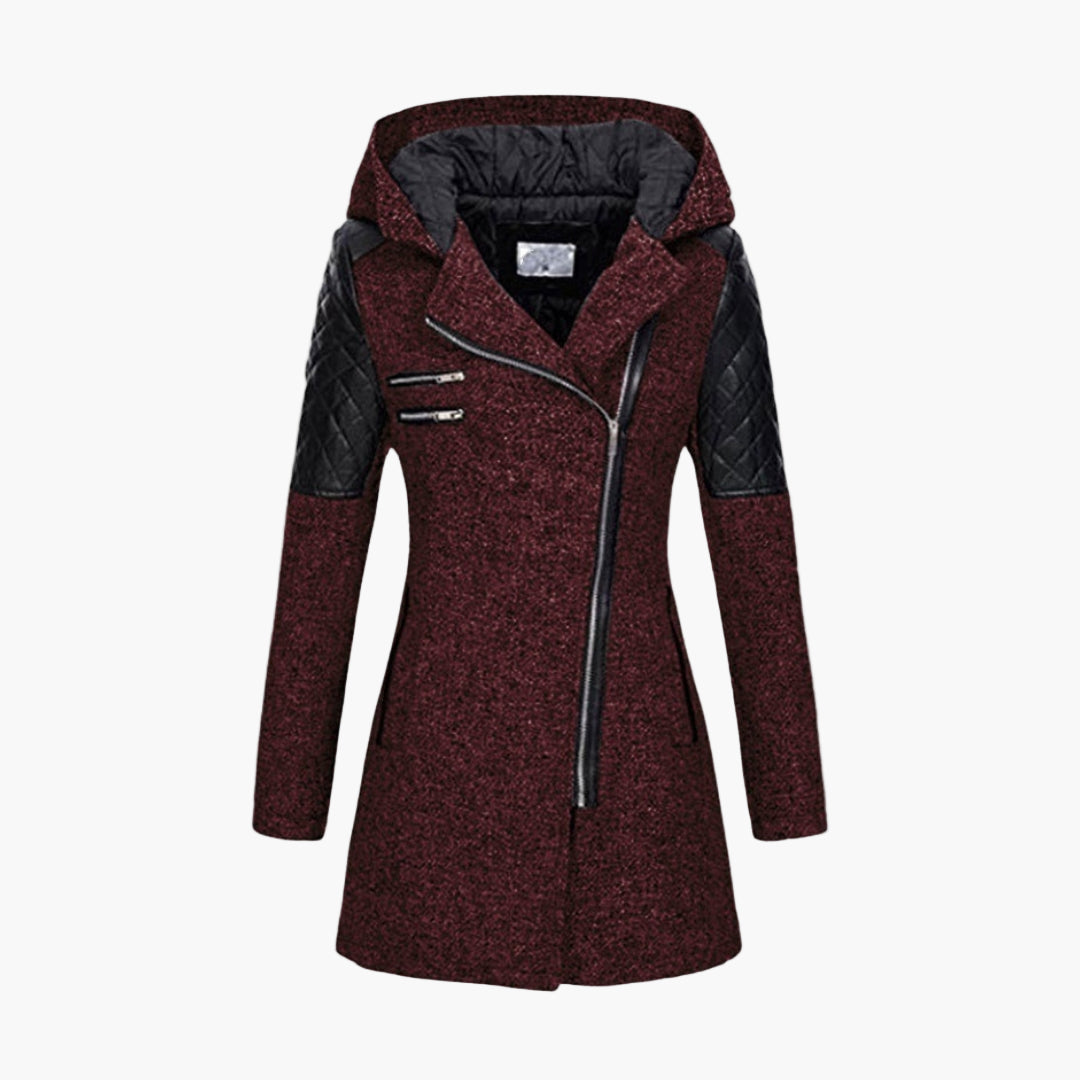 Cappotto invernale da donna con cappuccio – Elegante cappotto corto in tweed con dettagli in ecopelle e cerniera asimmetrica