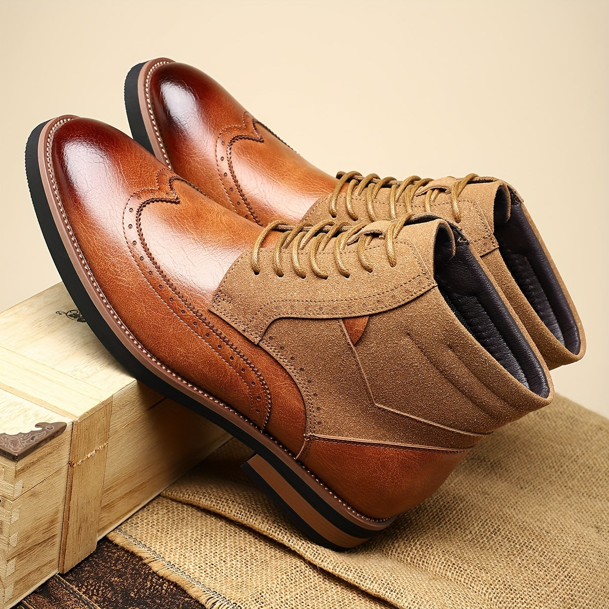 Herren Brogue Stiefel Schnürstiefeletten in Braun mit Kontrastmaterial