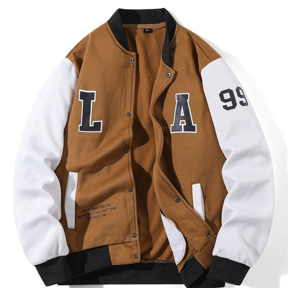 Chaqueta de béisbol unisex multicolor con parches «LA», chaqueta universitaria de estilo casual con cierre de botones
