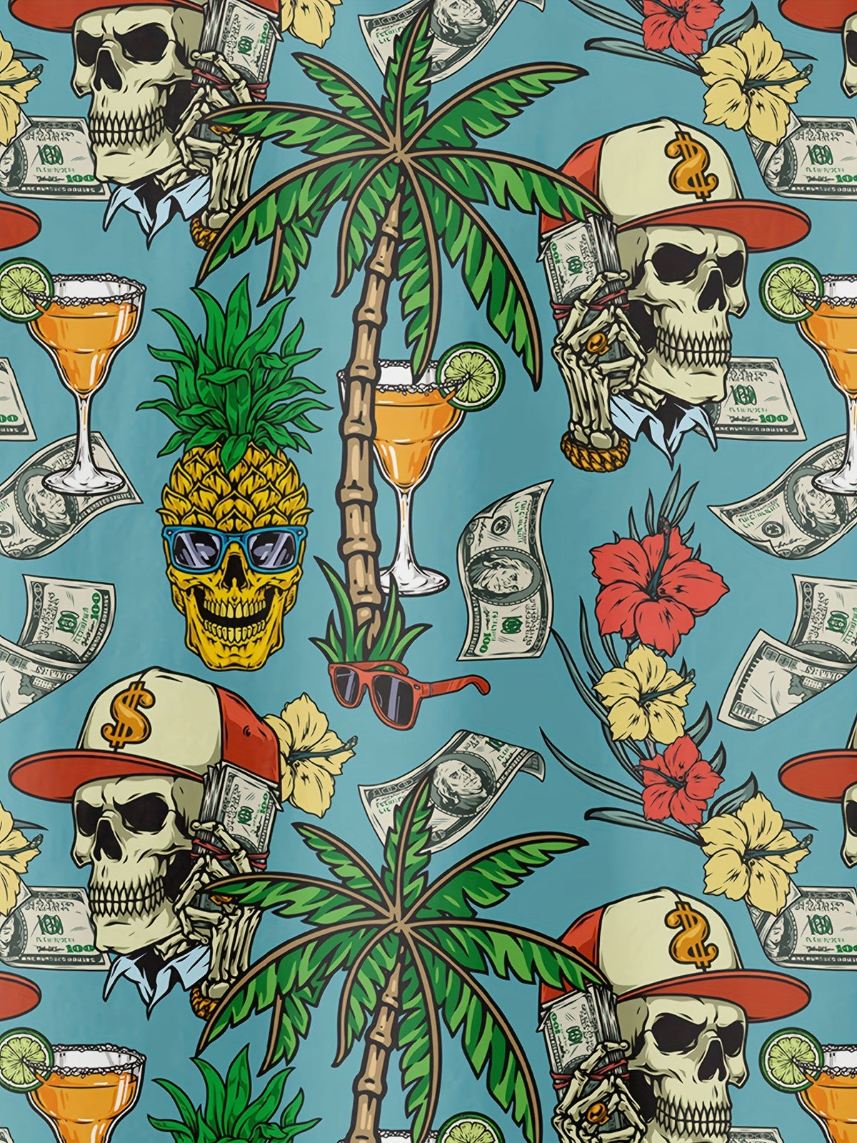 Herren Hawaiihemd mit Totenkopf, Palmen & Geld Print – Extravaganter Sommer- und Party-Look