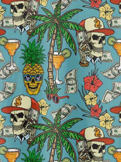 Herren Hawaiihemd mit Totenkopf, Palmen & Geld Print – Extravaganter Sommer- und Party-Look