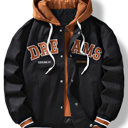 Giacca college da baseball con cappuccio, chiusura con bottoni e ricamo «DREAMS»