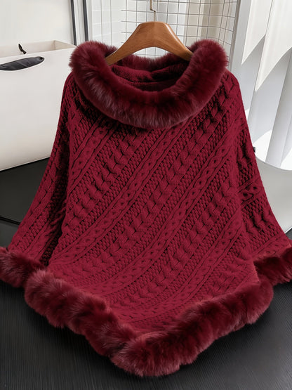 Strickponcho Damen mit Kunstfellbesatz Zopfmuster Kapuze