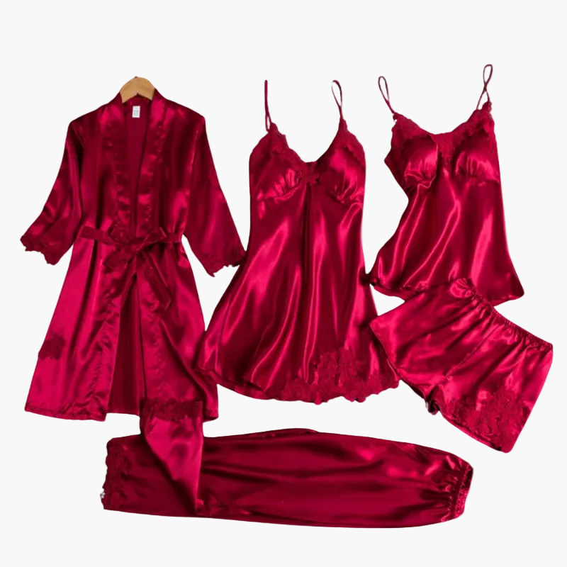 Damen Luxus Nachtwäsche Set 5-teilig – Elegantes Pyjama- und Loungewear Set mit Kimono, Nachthemd, Top, Shorts & Hose