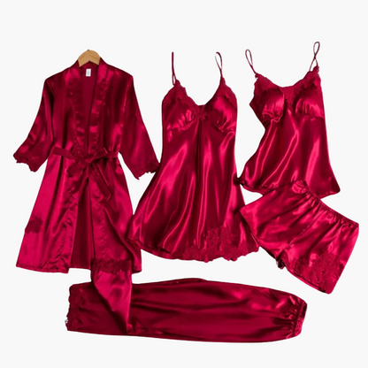 Damen Luxus Nachtwäsche Set 5-teilig – Elegantes Pyjama- und Loungewear Set mit Kimono, Nachthemd, Top, Shorts & Hose