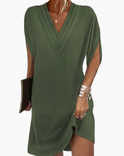 Damen Kleid mit V-Ausschnitt und modernen Schlitzärmeln – Eleganter Freizeitstil für Alltag und Events