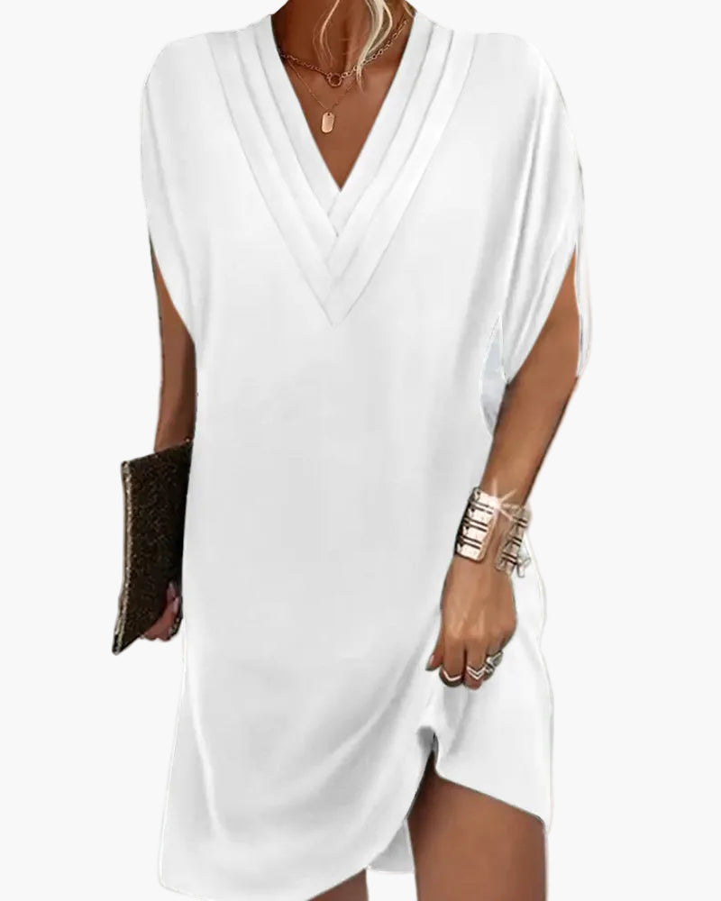 Damen Kleid mit V-Ausschnitt und modernen Schlitzärmeln – Eleganter Freizeitstil für Alltag und Events
