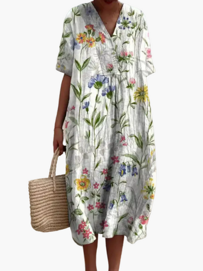 Dame sommerkjole i løs boho-stil – Fritidskjole med blomsterprint og V-udskæring, ideel til strand og hverdag
