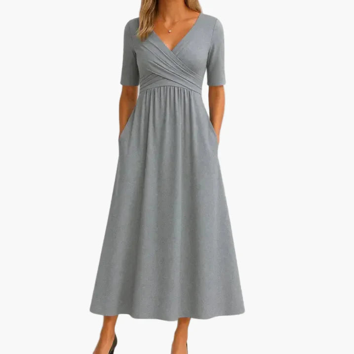 Abito midi festivo da donna con scollo a V e maniche a mezzo braccio – Abito elegante per matrimoni, ufficio e quotidiano