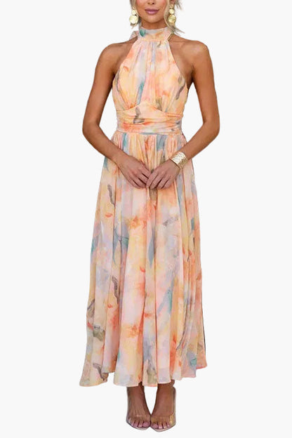 Damen Maxi Kleid – Elegantes Wasserfarben-Design, Halterneck, Festlich & Sommer