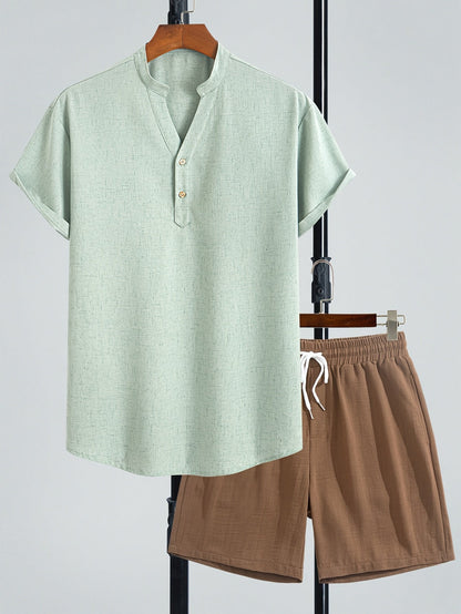 Herren Freizeit Zweiteiler Set Modern – Kurzarm Henley Shirt & Shorts für Sommer und Urlaub