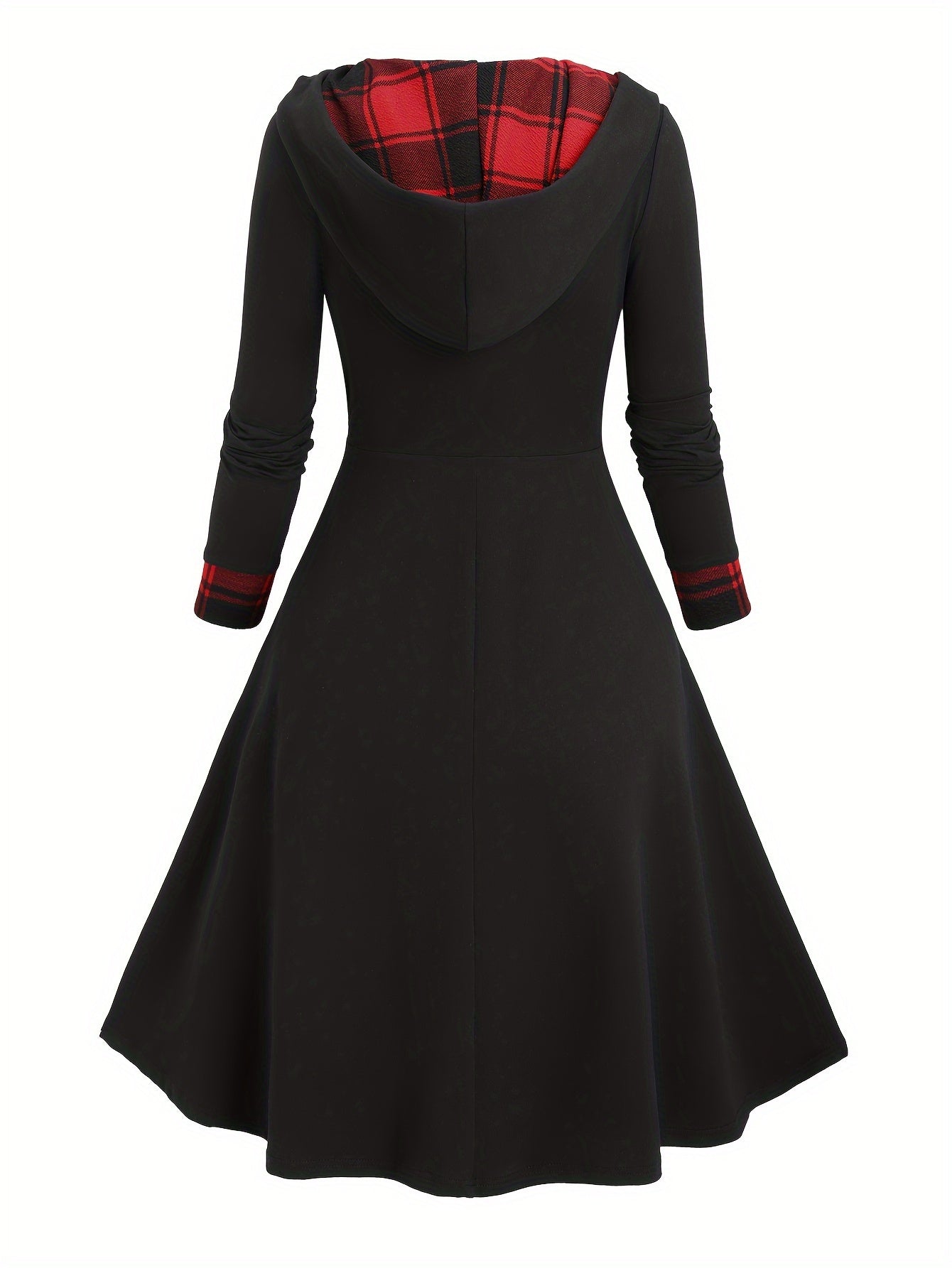 Damen Kapuzenkleid Schwarz Karomuster Langarm Midi