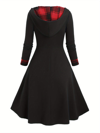 Damen Kapuzenkleid Schwarz Karomuster Langarm Midi