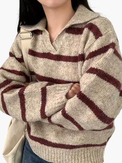 Damen Strickpullover mit Streifen und Kragen – Eleganter Freizeit-Look für Herbst und Winter