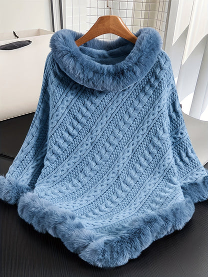 Strickponcho Damen mit Kunstfellbesatz Zopfmuster Kapuze