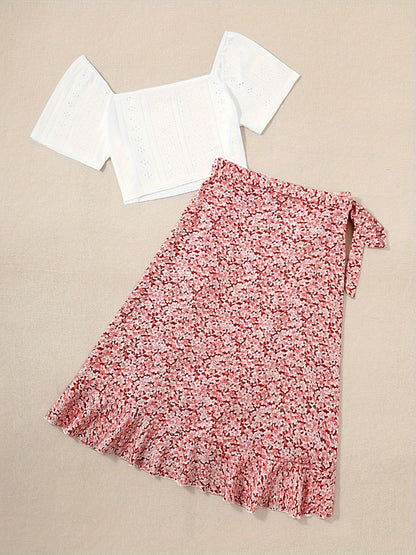 Conjunto de dos piezas para mujer – Look veraniego y coqueto con blusa y falda cruzada con estampado floral, ideal para tiempo libre y vacaciones