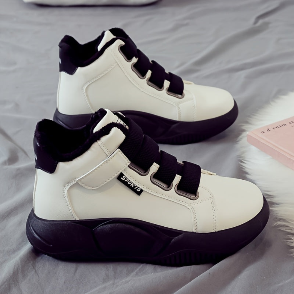 Dames wintersneakers, enkelhoog, warm gevoerd, plateauzool, klittenbandsluiting, zwart, wit, beige
