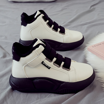Dames wintersneakers, enkelhoog, warm gevoerd, plateauzool, klittenbandsluiting, zwart, wit, beige