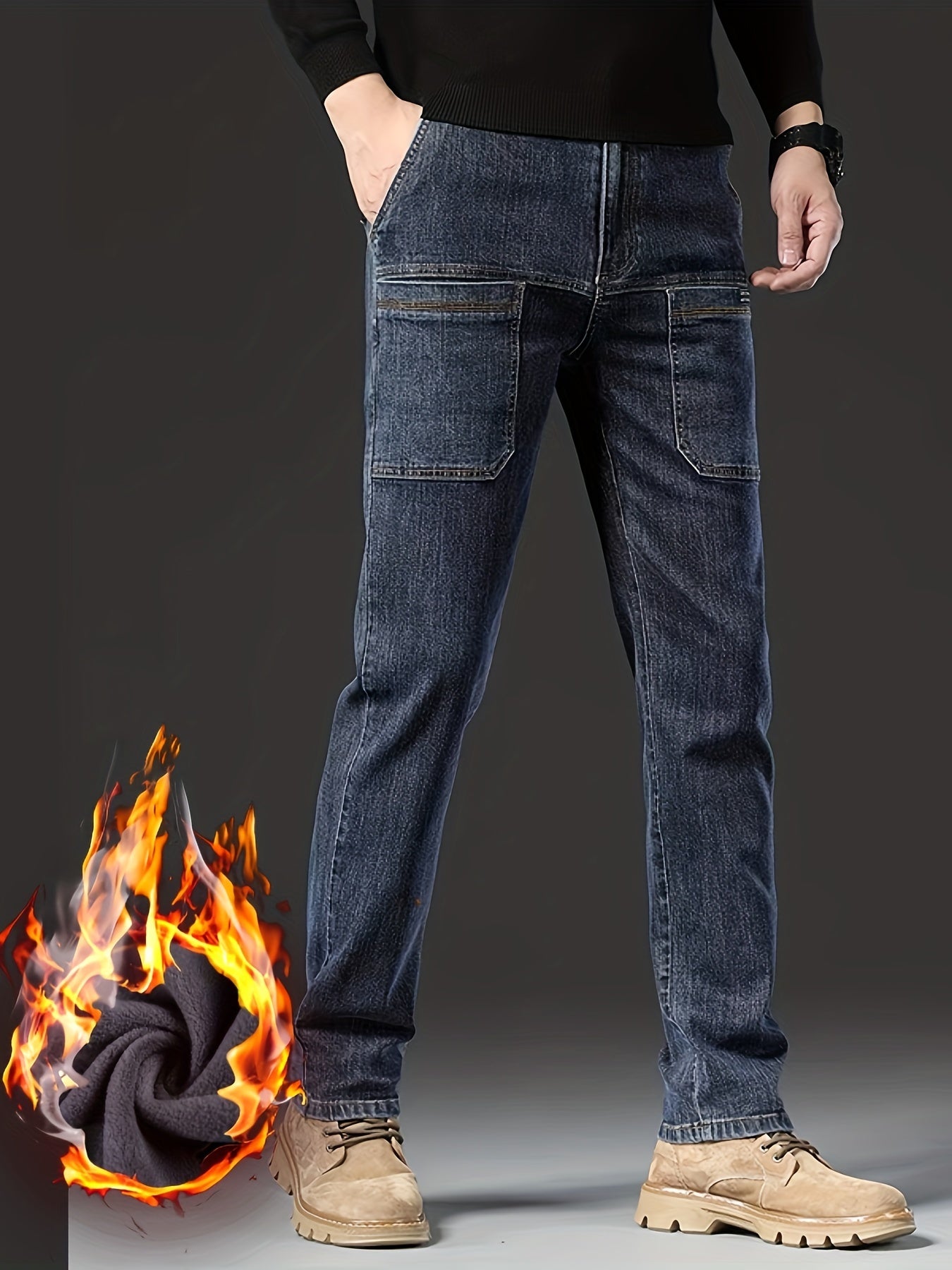 Jeans invernali da uomo, pantaloni foderati, neri o blu, vestibilità dritta