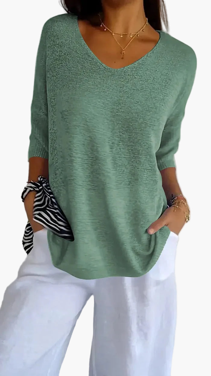 Top en maille femme avec décolleté en V – T-shirt décontracté ample pour le quotidien et les vacances