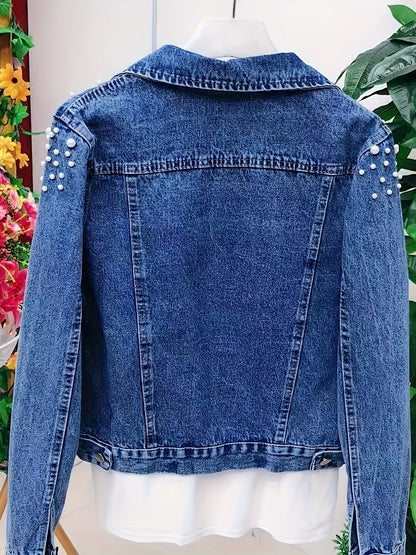 Jeansjacke Damen Blau mit Perlen und Stickerei