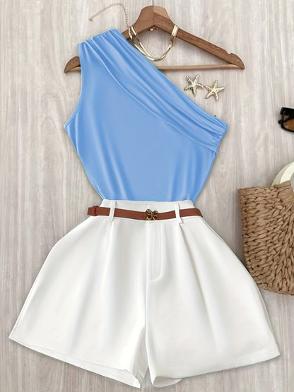 Damen Ein-Schulter Elegant Sommer Set mit Oberteil und Shorts – Modischer Freizeit-Look