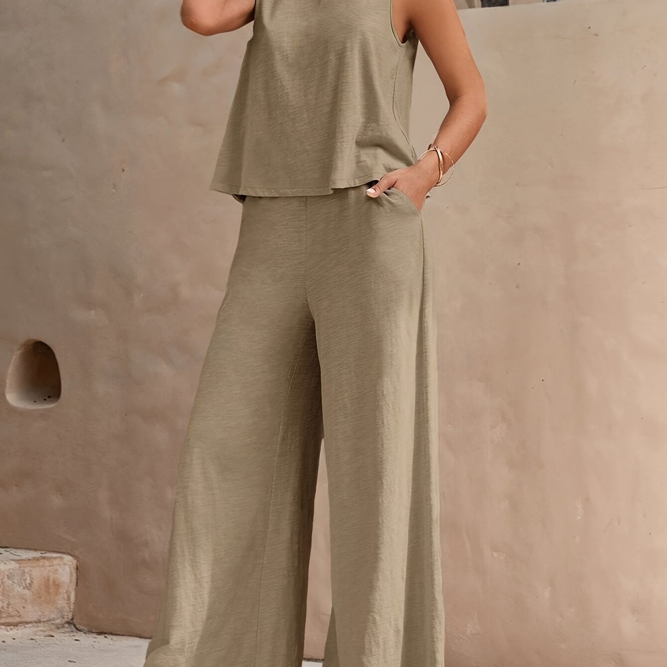 Damen Eleganter Zweiteiler mit Weit Bein Hose und Ärmellosem Top – Perfekt für Frühling und Sommer