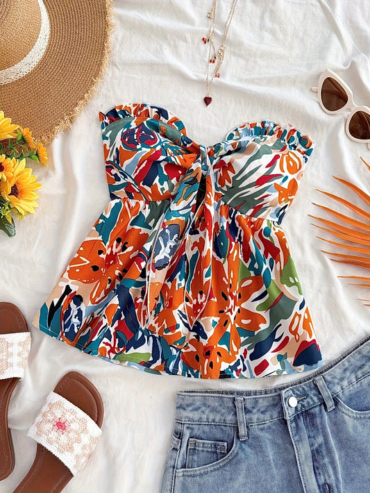 Damen Bandeau Crop Top mit Knoten – Sommerliches Freizeit Oberteil im Blumenmuster