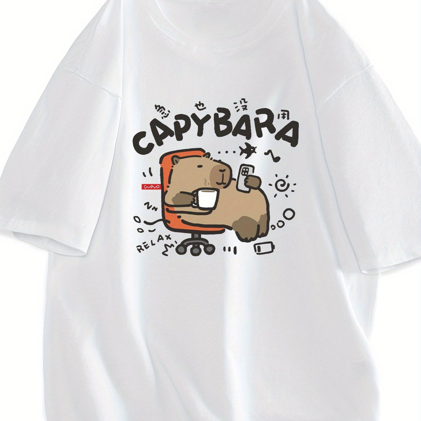 Męski T-shirt z nadrukiem kapibary w stylu kreskówkowym – zabawna koszulka na co dzień dla nastolatków i dorosłych
