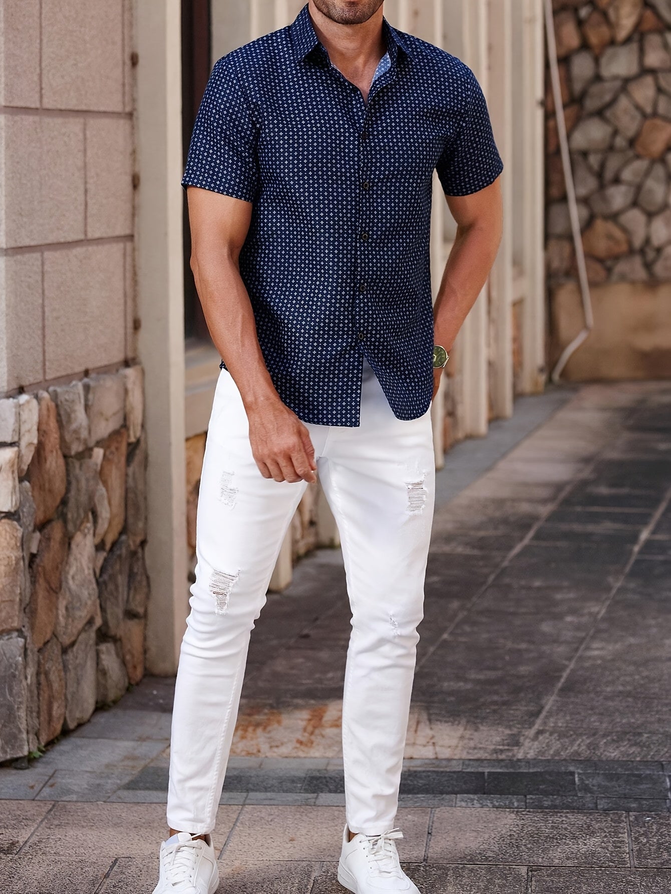 Camicia uomo a maniche corte con motivo geometrico – Elegante per tutti i giorni e l’estate