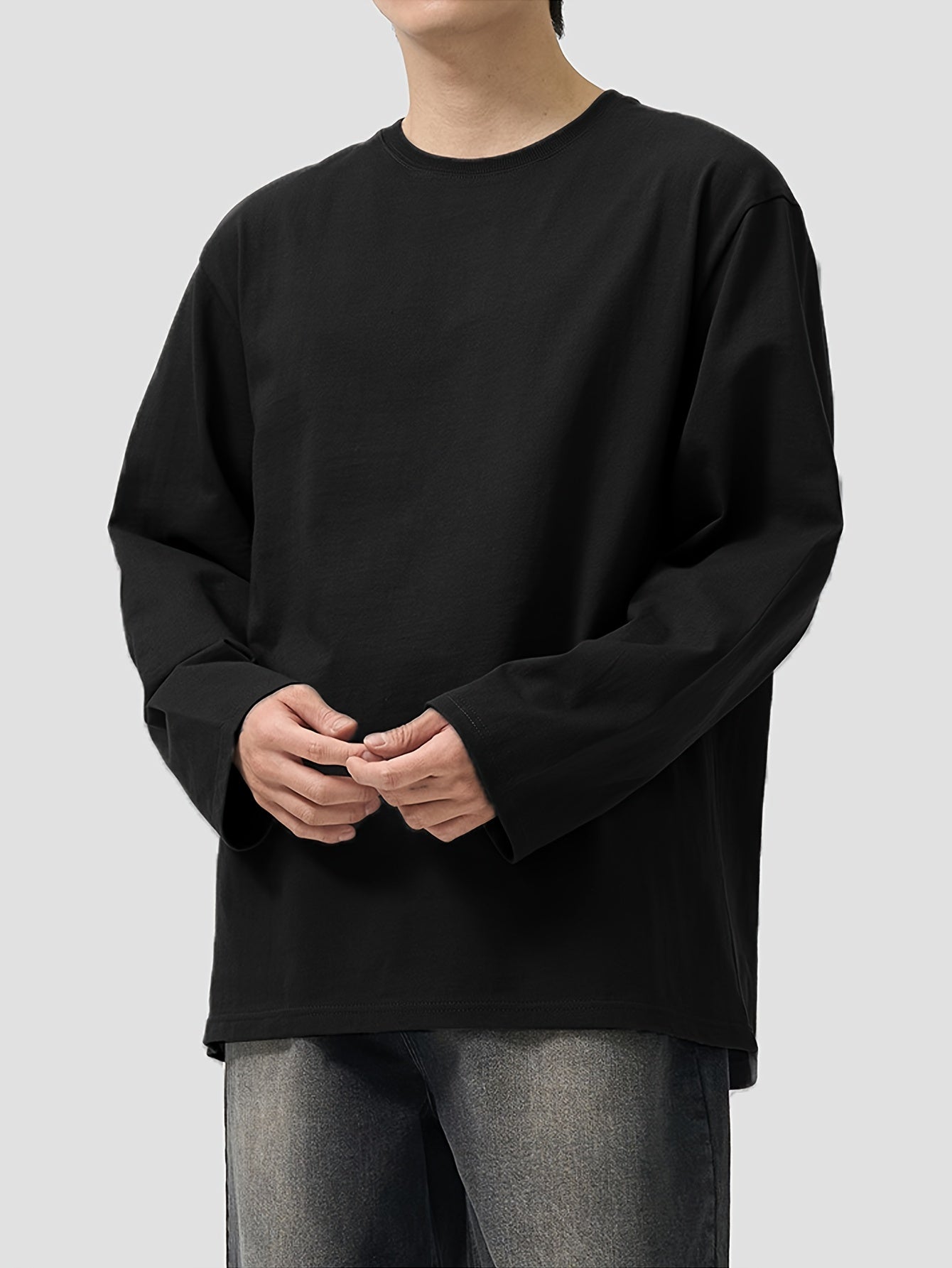 Camiseta unisex de manga larga, cuello redondo, negra y extragrande