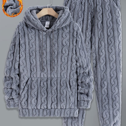 Herren Plüsch Loungewear Set mit Kapuzenpullover und Hose, Zopfmuster, Schwarz