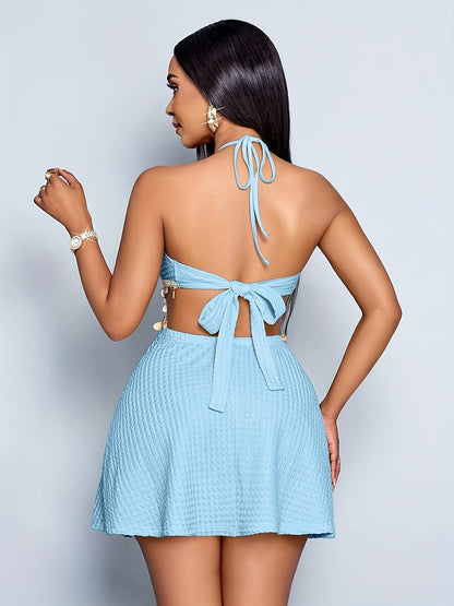 Vestido corto de verano para mujer con cuello halter y recortes – Vestido skater para vacaciones y fiesta en el jardín