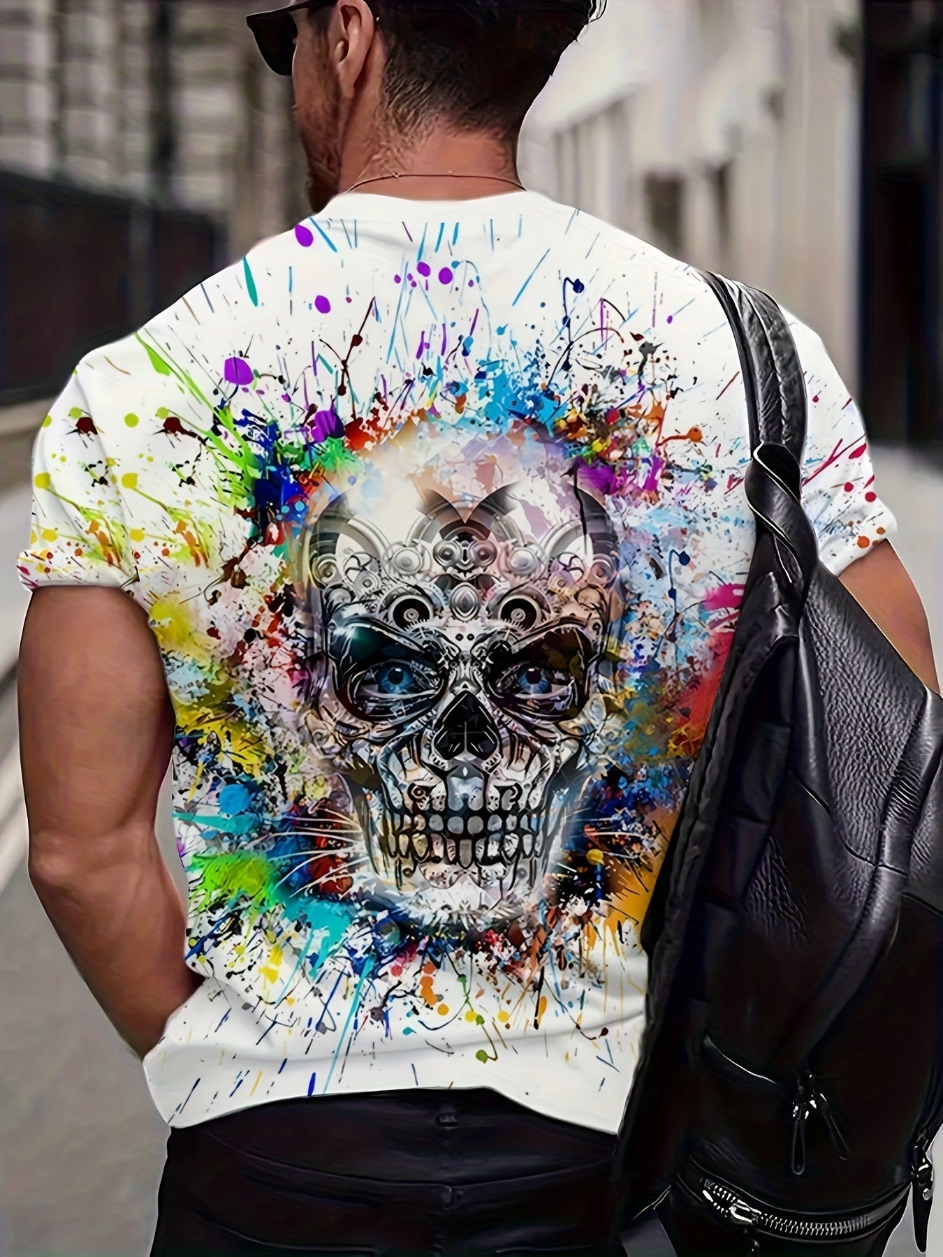 T-shirt homme avec imprimé tête de mort et éclaboussures de peinture – style streetwear urbain, manches courtes, grandes tailles