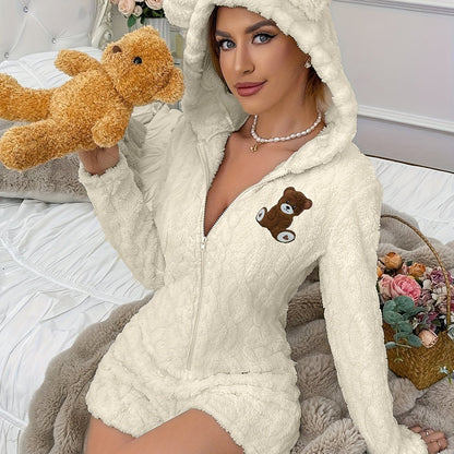 Teddybjørnepyjamas til damer i ét stykke med hætte og lynlås, hvid/sort