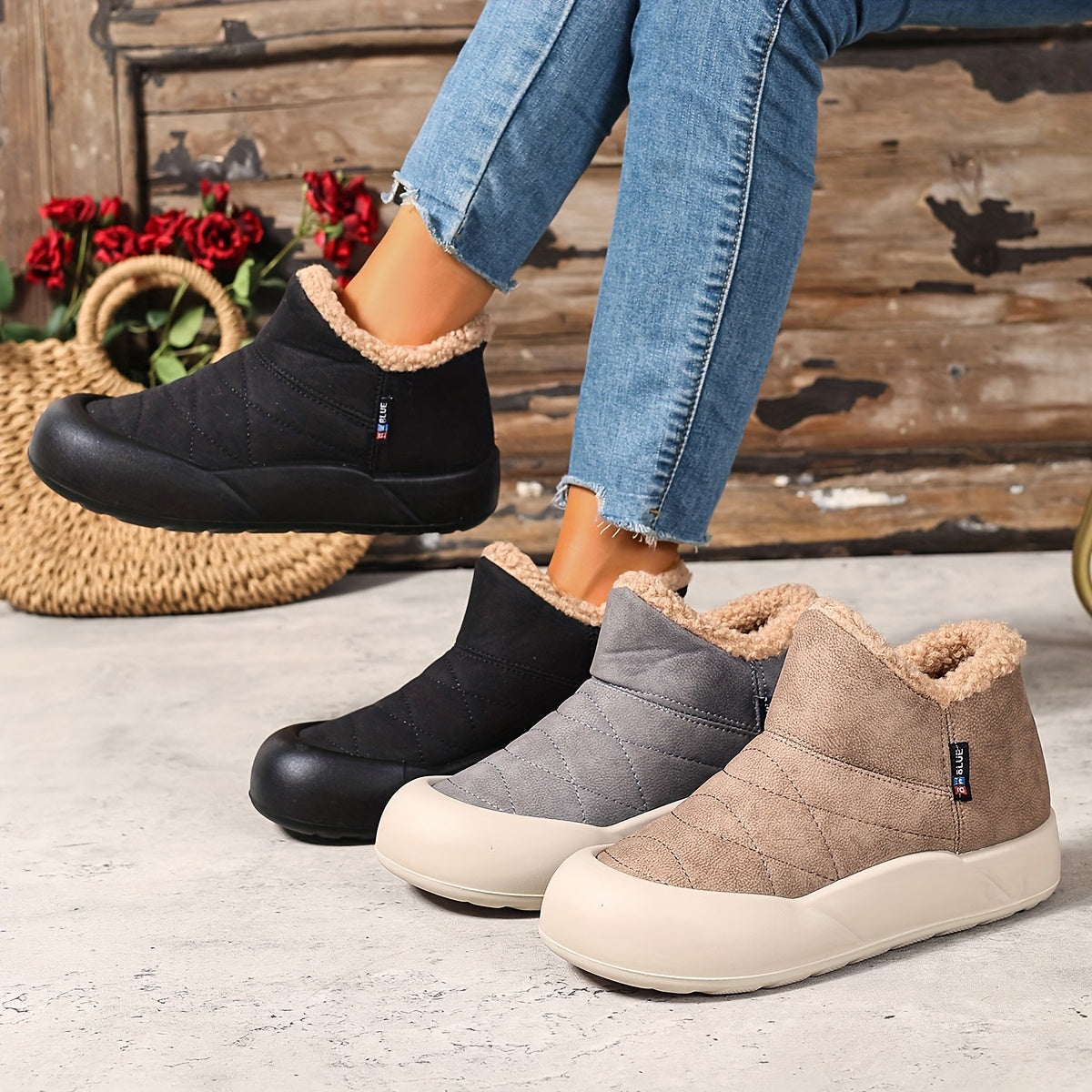 Gefütterte Stiefeletten Damen Winterstiefel Warm Komfortabel mit Profilsohle Grau