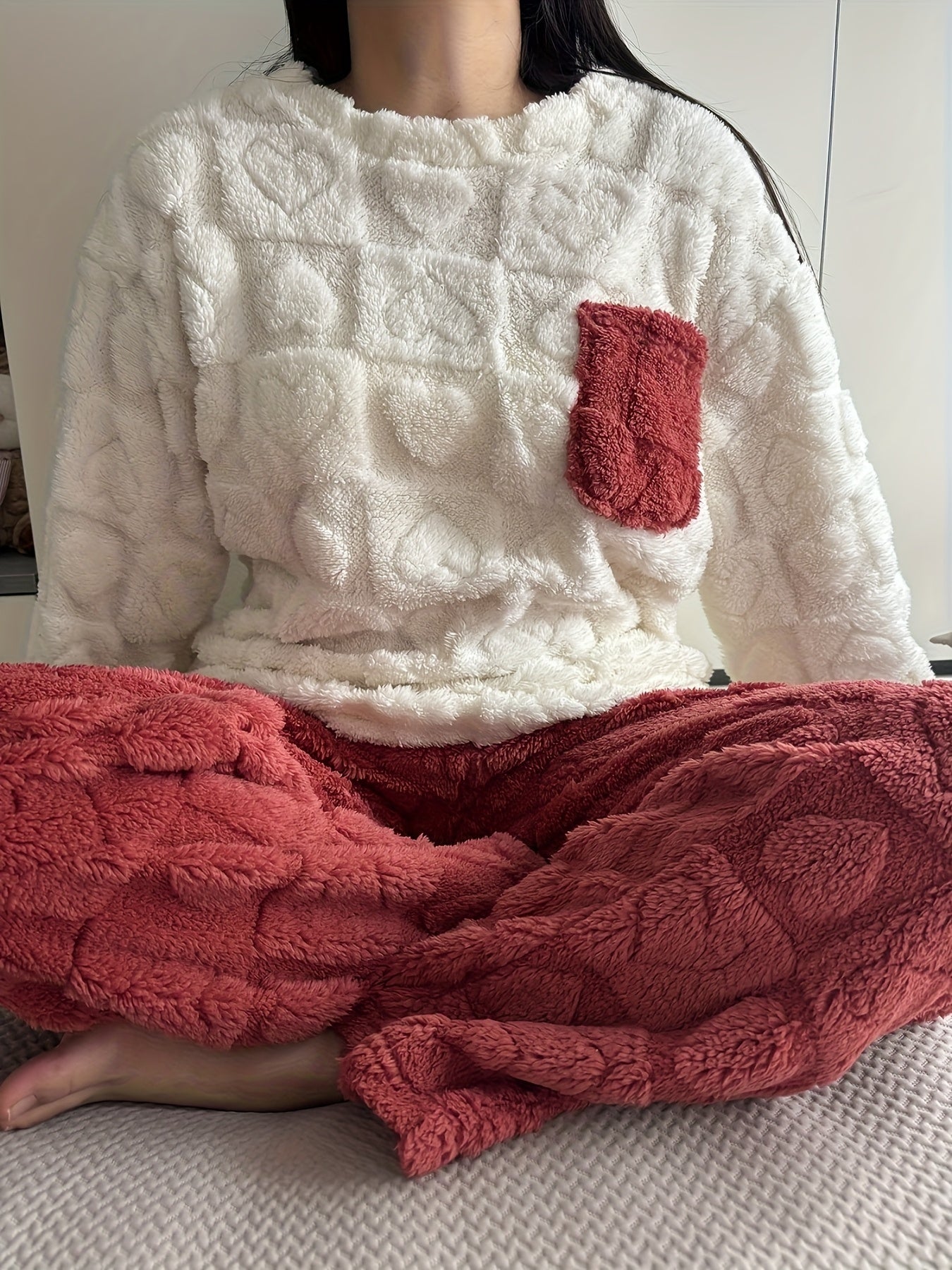 Pigiama coccoloso con motivo a cuori, morbido pigiama loungewear