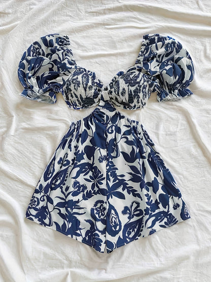 Mono de verano para mujer con mangas abullonadas y estampado tropical – Perfecto para la playa y las vacaciones