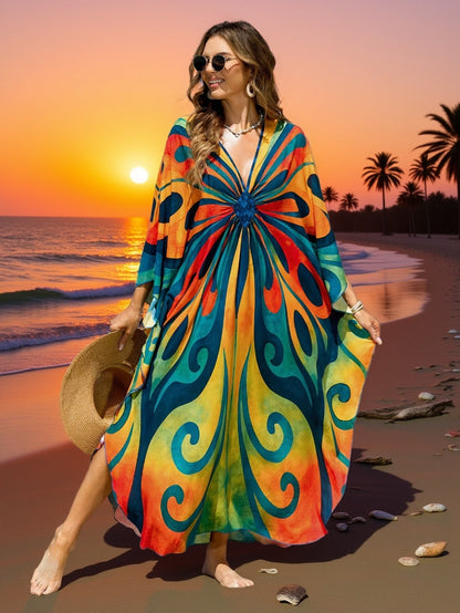 Dame Boho Maxi-kaftan til strand og ferie – Elegant batikprint, sommer cover-up