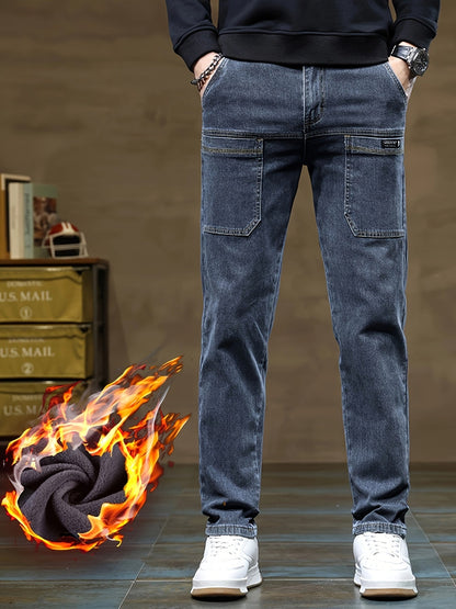 Jeans invernali da uomo, pantaloni foderati, neri o blu, vestibilità dritta