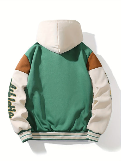 Unisex College Jacke Winter Grün Beige Braun mit Kapuze und Sherpa-Futter